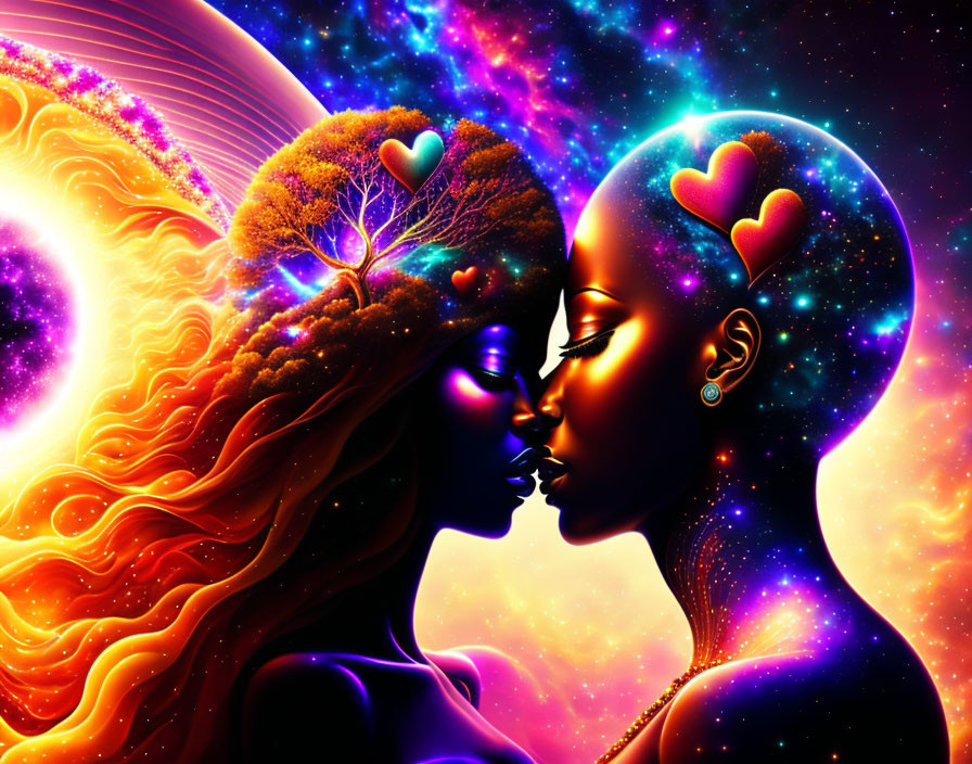 Dual profile cosmic and nature-themed artwork with heart symbols above, portraying romantic connection.