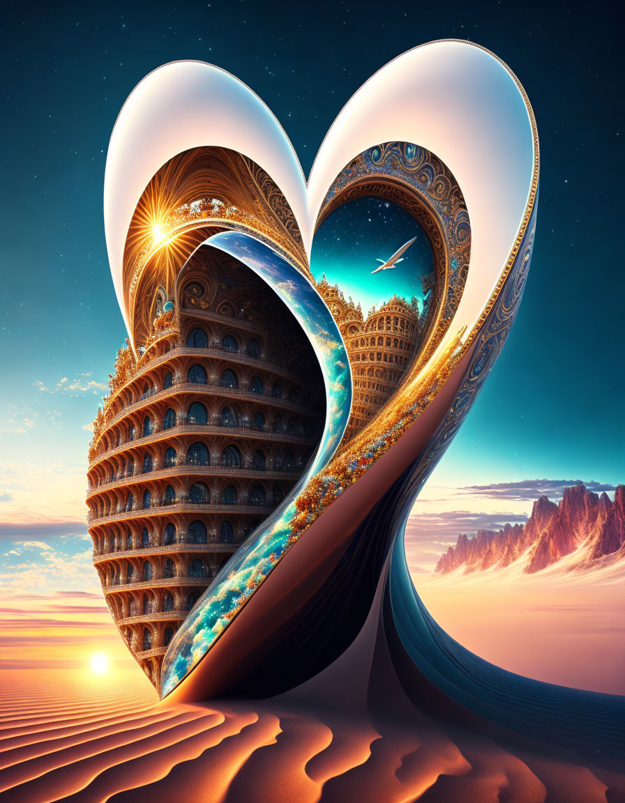 Heart-shaped desert structure with balconies under starry sky & airplane.