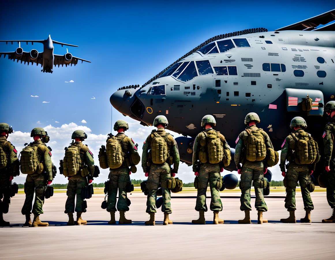 Military soldiers in combat gear line up facing large aircraft on sunny tarmac