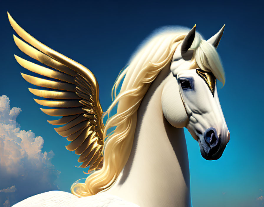 Majestic White Pegasus with Golden Wings in Blue Sky