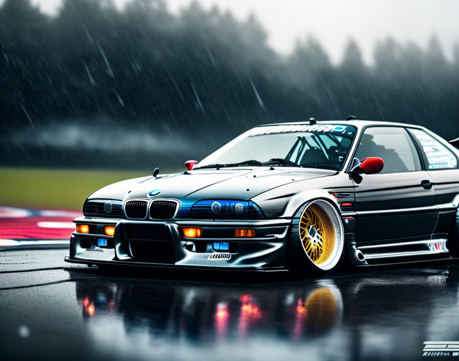 Modified BMW E30 M3 with Gold-Rimmed Wheels on Wet Track in Rain