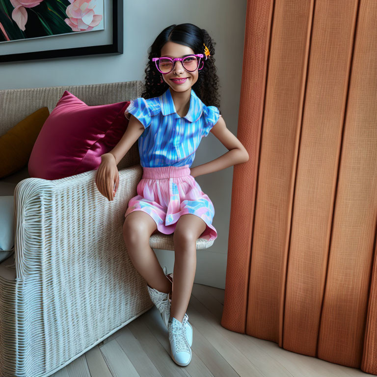 Colorfully dressed girl with pink glasses smiling on a couch