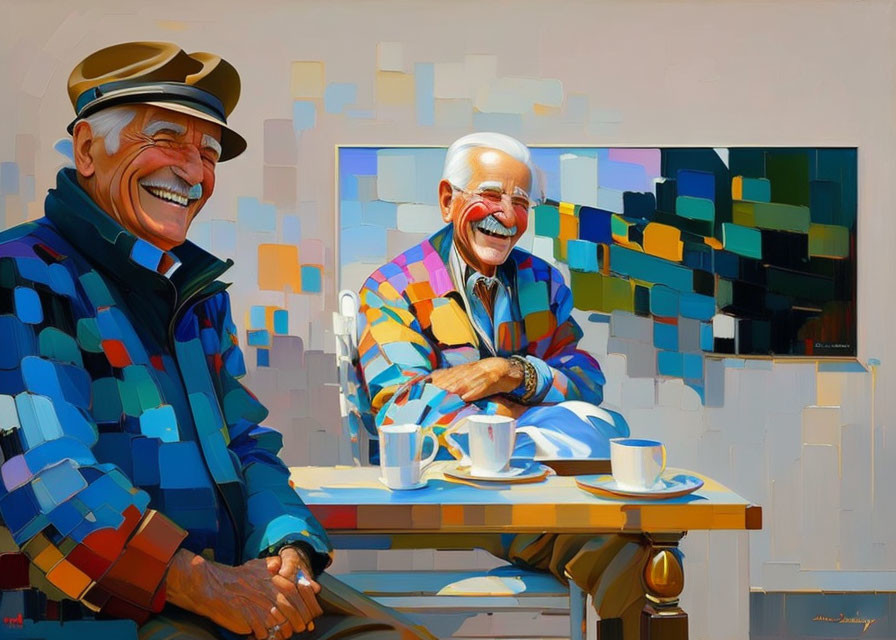 Two elderly men in checkered blazer and cap laughing at cafe table against colorful backdrop