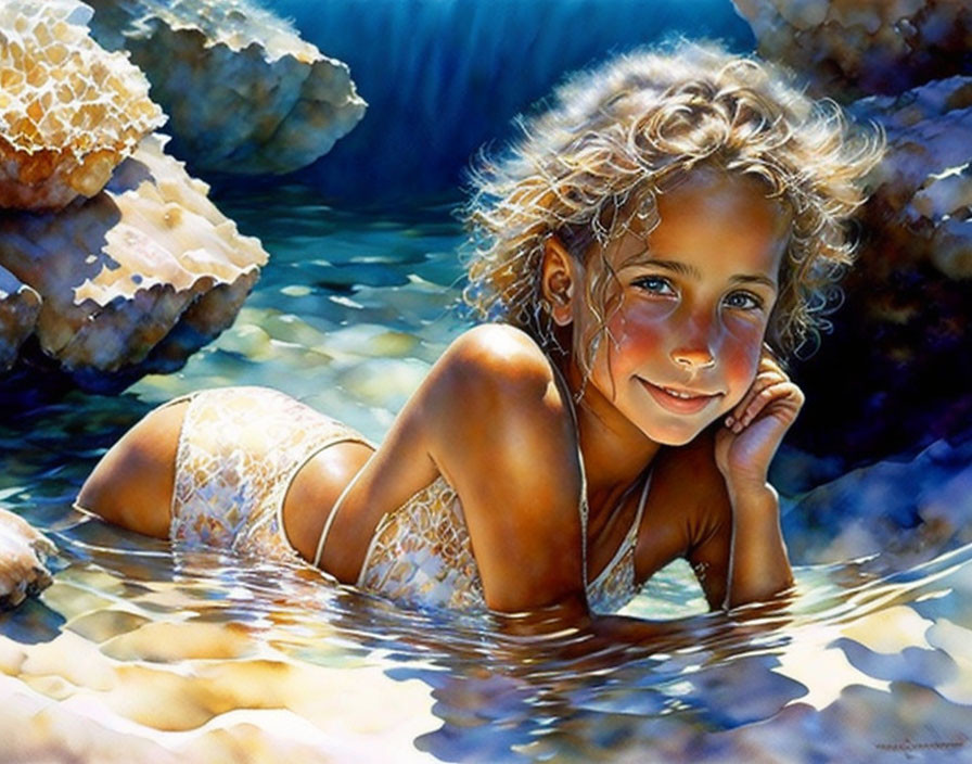 Smiling young girl with curly hair in shallow water near rocky formations