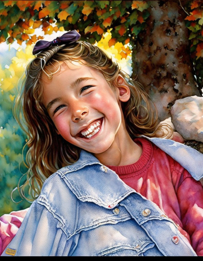 Cheerful young girl in denim jacket and purple hair bow in autumnal setting