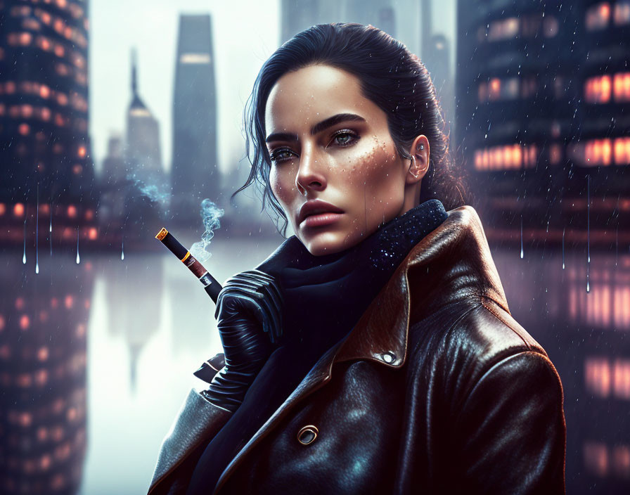 Digital artwork of woman with dark hair smoking cigarette in leather jacket against rainy, neon-lit cityscape