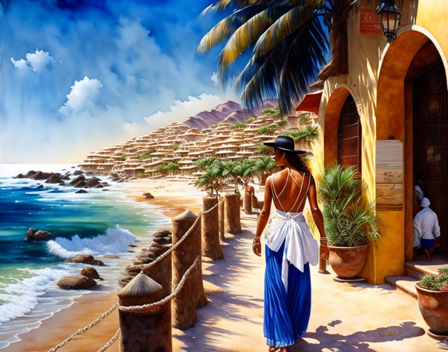 Woman in hat gazes at seaside village with palm trees and mountains