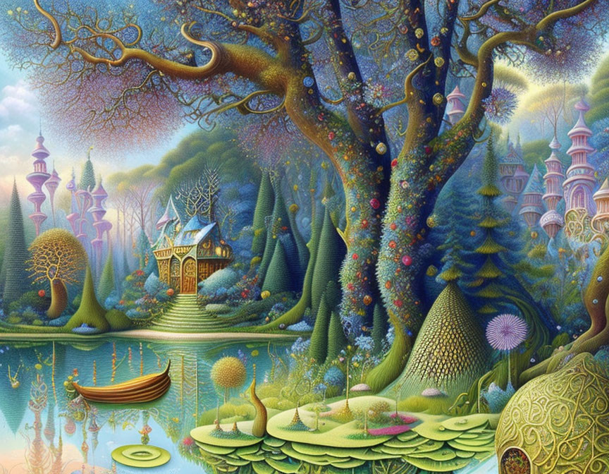 Colorful Fantasy Landscape with Trees, House, Pond, Boat, and Castles