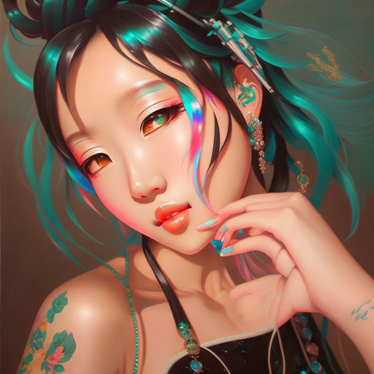 Illustration of woman with turquoise hair, elaborate earrings, floral tattoos, vibrant makeup and nails.