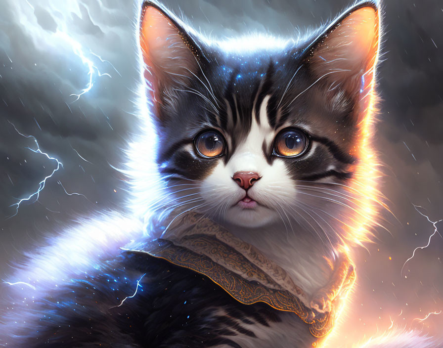 Digital artwork of a glowing kitten with lightning aura and intense eyes against stormy sky