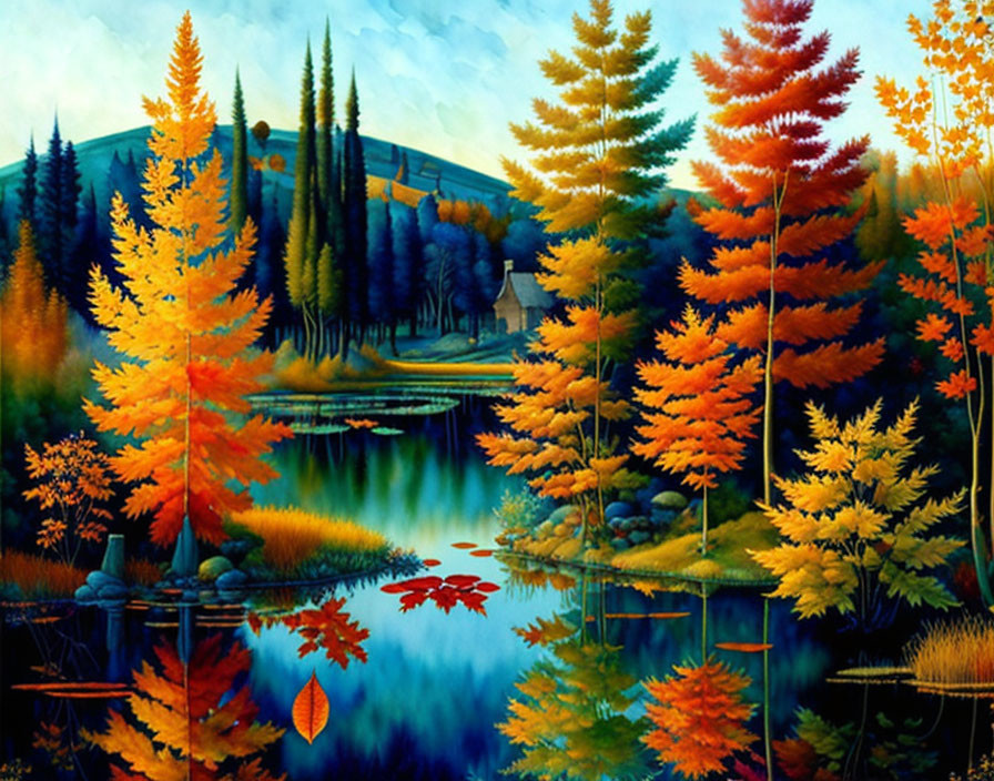 Colorful Autumn Landscape with Lake Reflections and Cottage