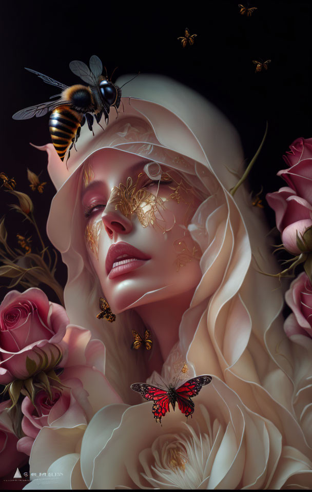 Surreal portrait of woman with bee, gold accents, roses, butterflies, and bees