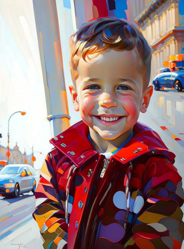 Young boy in colorful jacket on sunny street with blurred cars in vibrant artwork