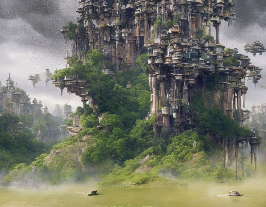 Futuristic cliffside city with layered buildings and lush greenery overlooking river boats
