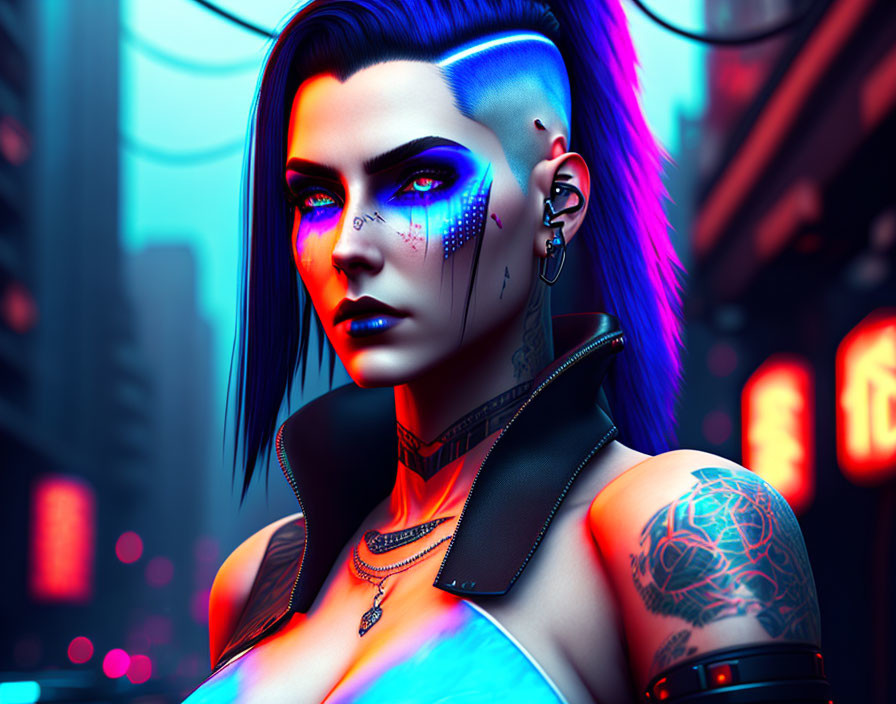 Futuristic woman with blue hair and cybernetic enhancements in neon cityscape