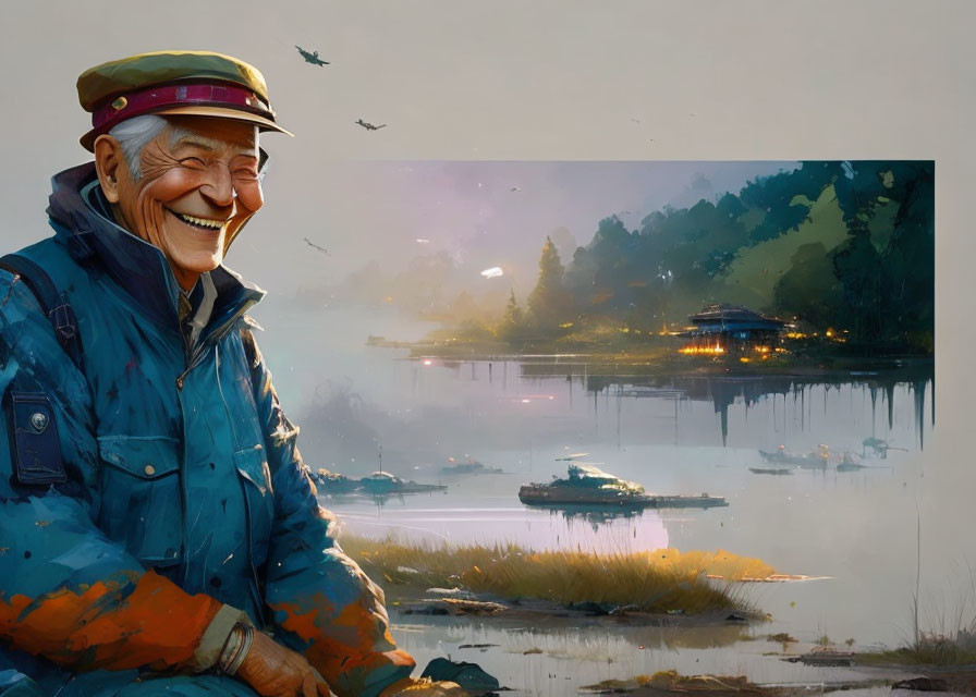 Elderly man in cap and blue jacket admiring sunrise landscape painting