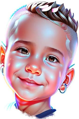 Vibrant digital artwork of a smiling child with stylized hair and exaggerated features