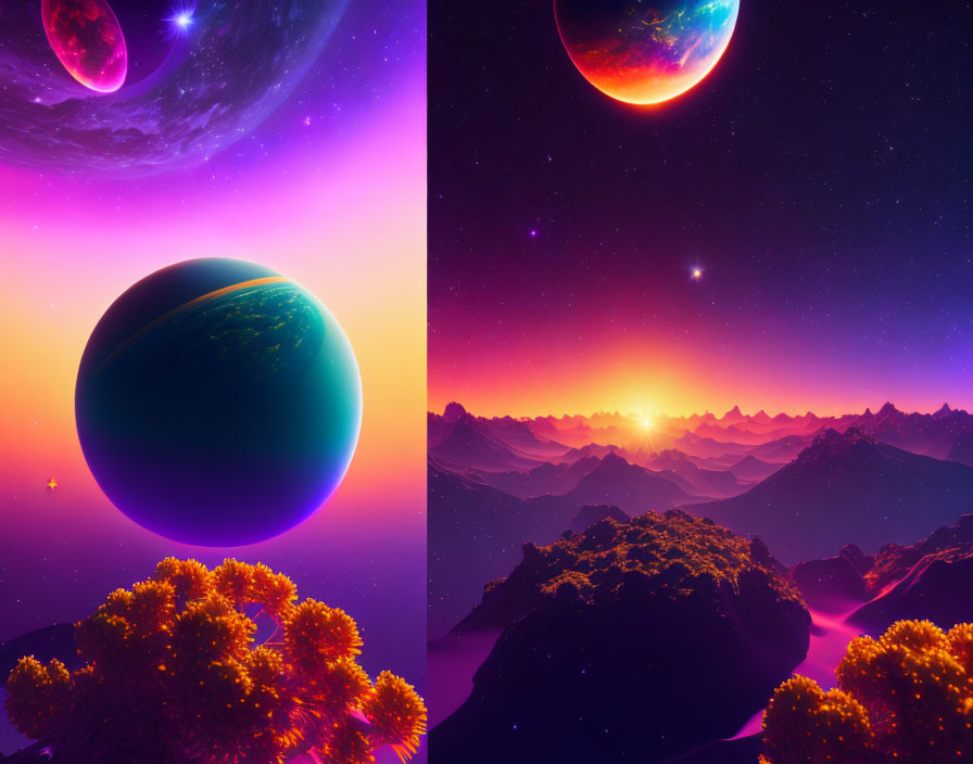 Colorful Alien Landscape with Multiple Planets and Cosmic Skies