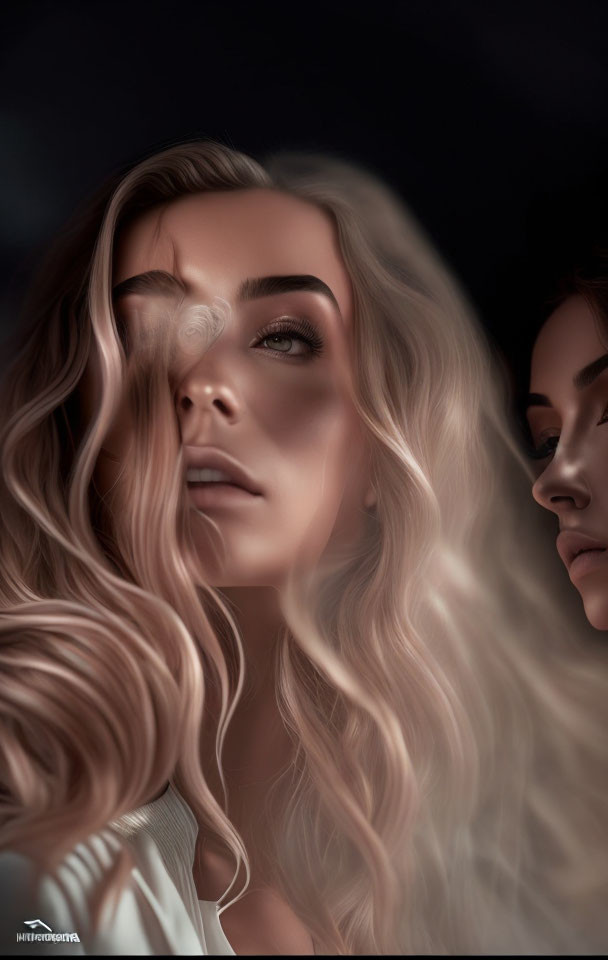 Blonde woman with reflective duplicate face in digital art