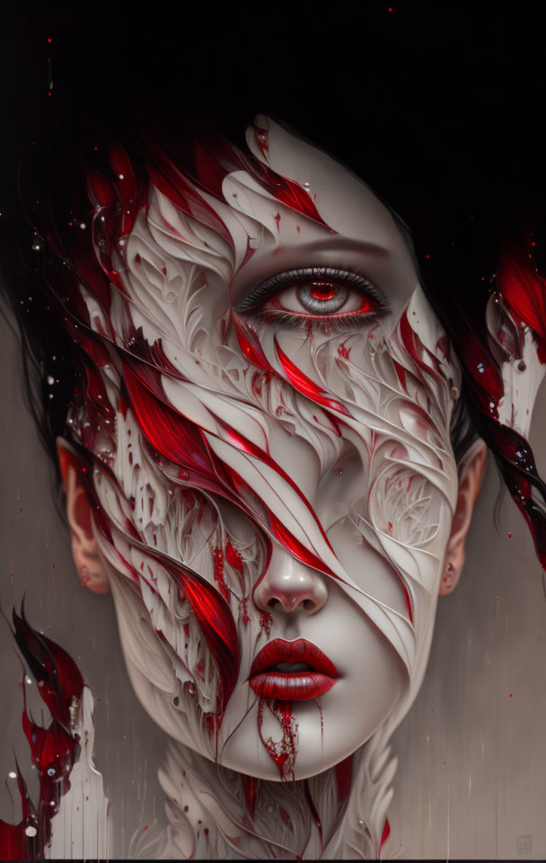 Surreal portrait of woman with pale complexion and red & white organic patterns