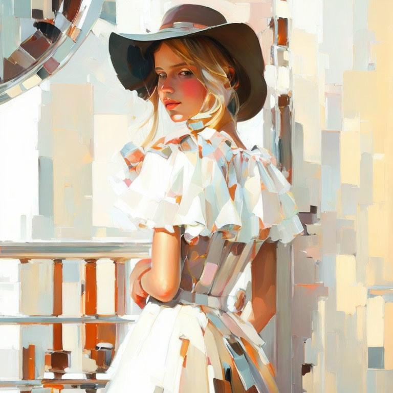 Woman in white dress and wide-brimmed hat gazes softly over shoulder in abstract pastel backdrop