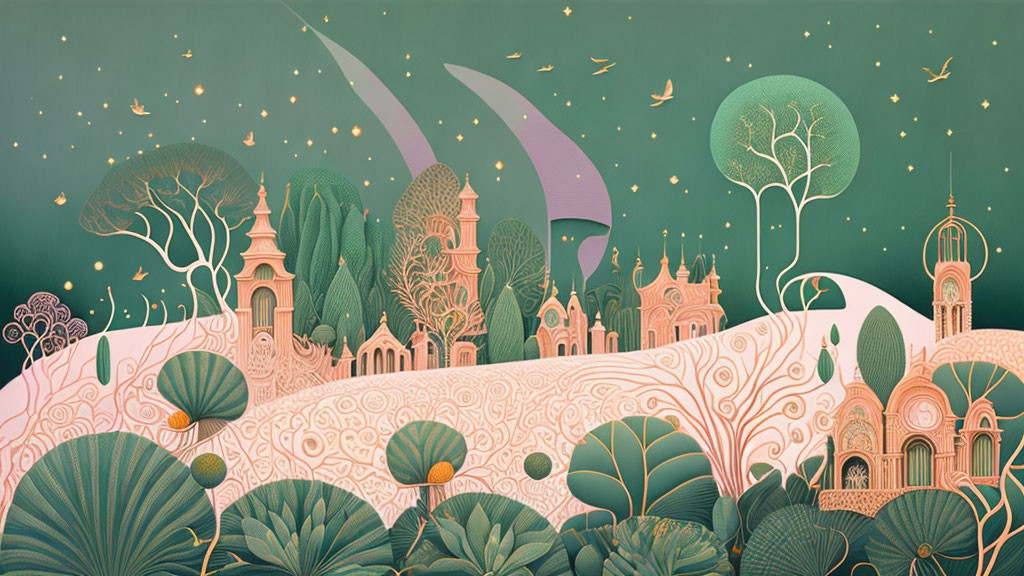 Whimsical green landscape with fairytale buildings under starry sky