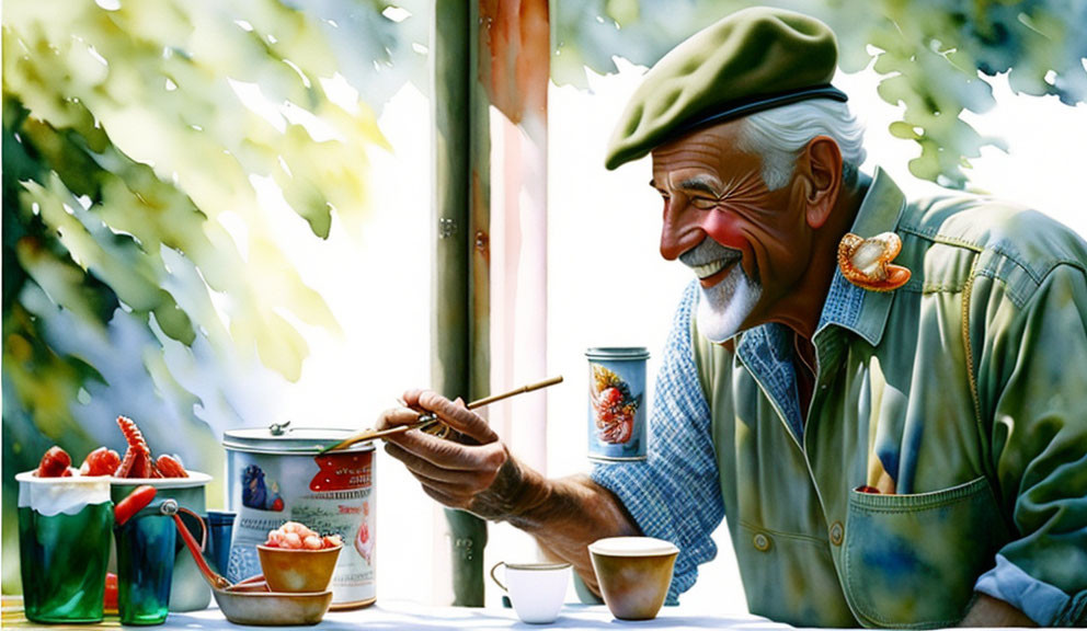 Elderly Man Painting Red Strawberries with Art Supplies