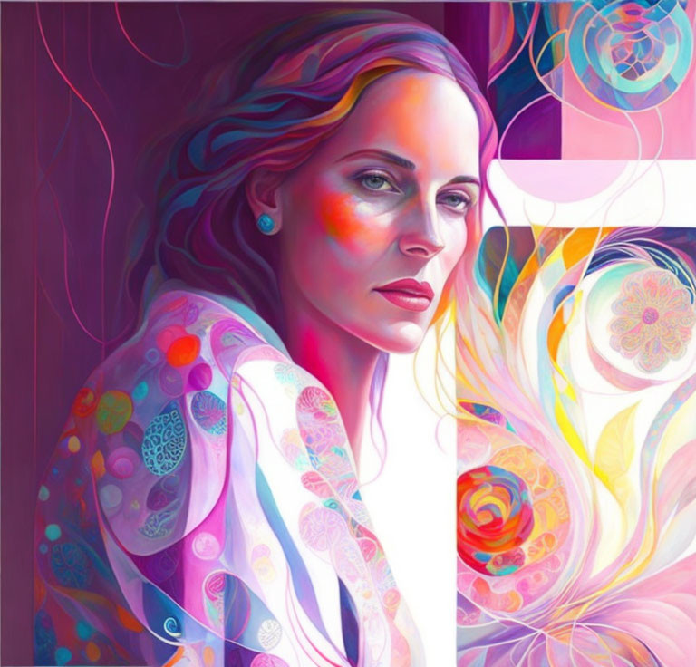 Vibrant abstract portrait of woman with swirling patterns in pink, purple, and white