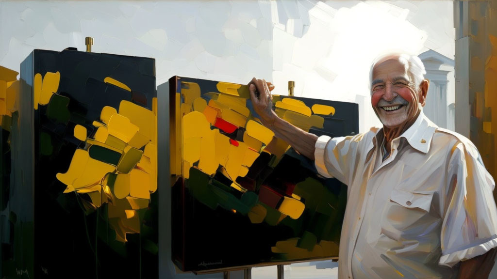 Elderly man painting abstract shapes in brightly lit studio