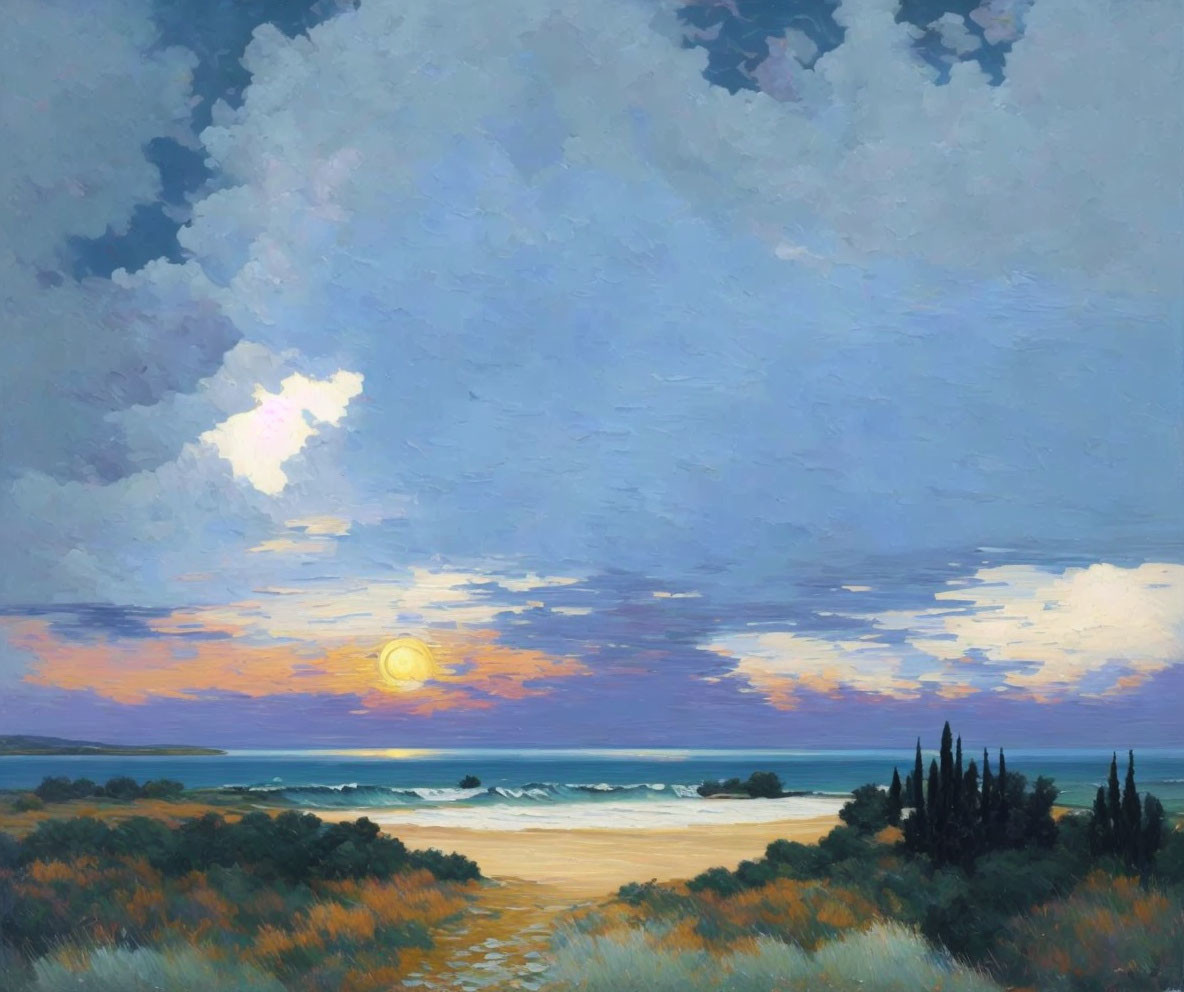 Coastal Landscape Sunset Painting with Vibrant Clouds and Calm Sea