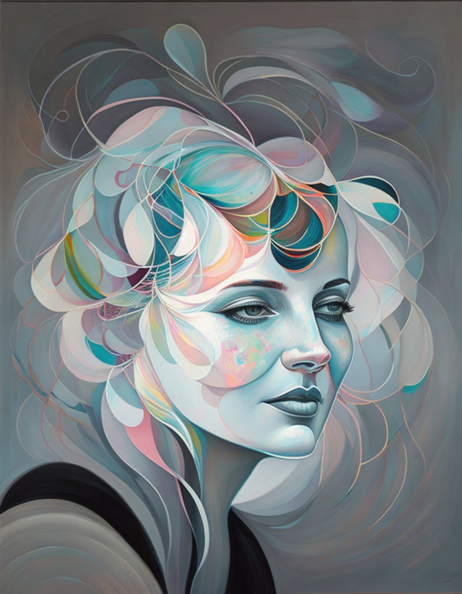 Colorful Stylized Portrait of Woman with Flowing Hair in Pastel Tones
