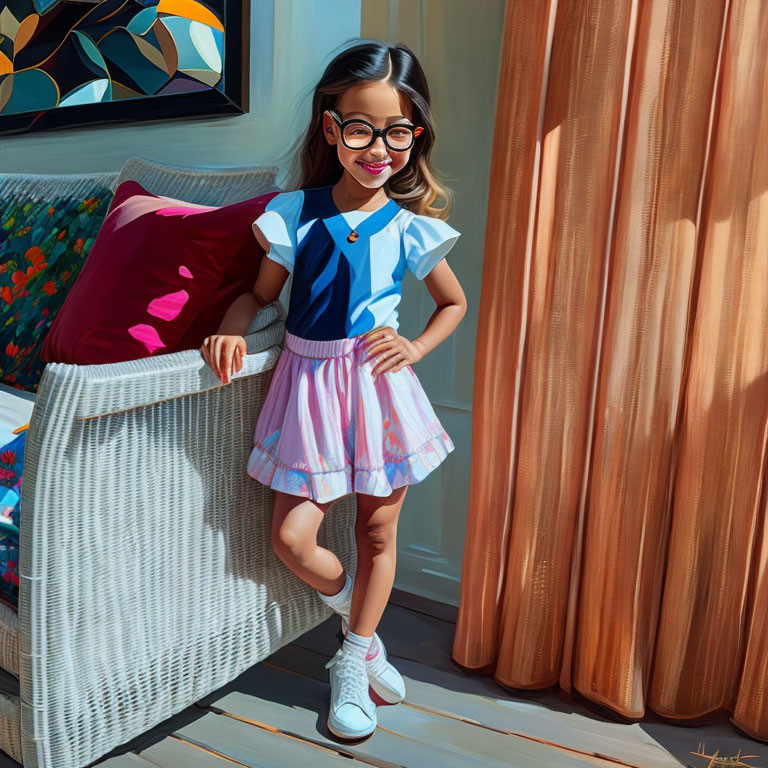 Young girl in glasses confidently standing near window with colorful decor