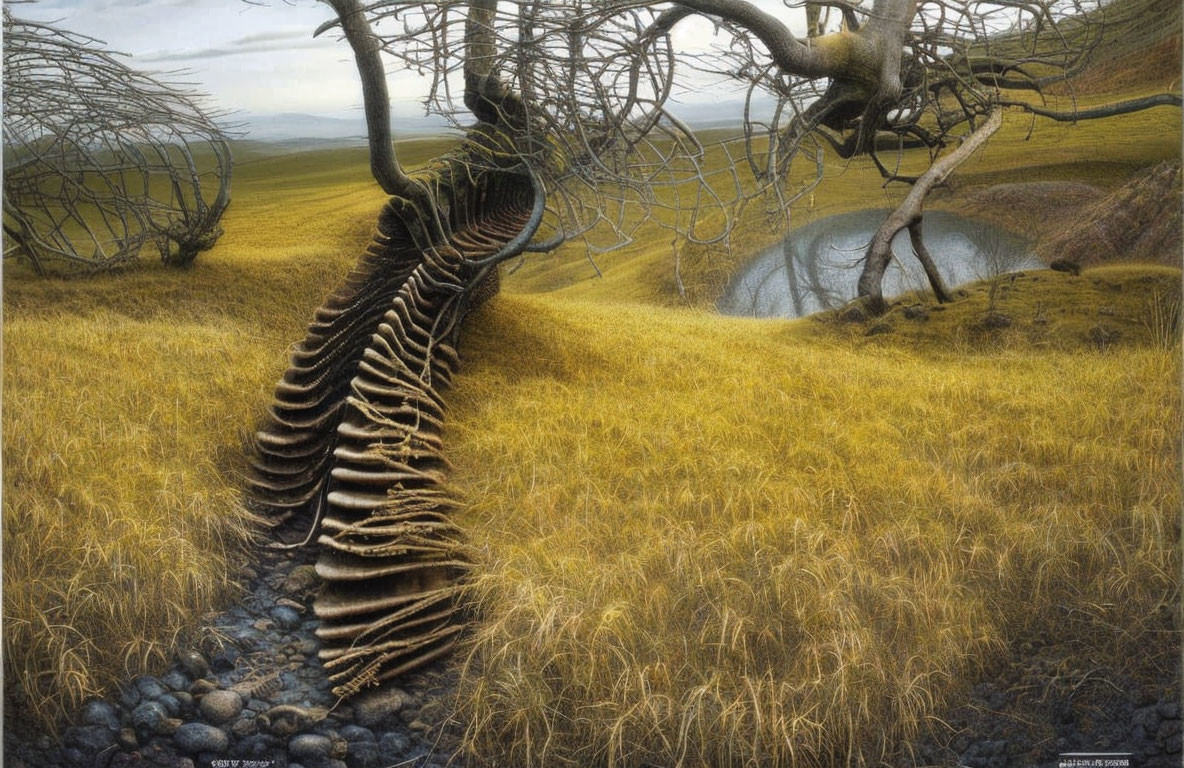 Surreal landscape: Spine-shaped tree over stone pathway in golden fields