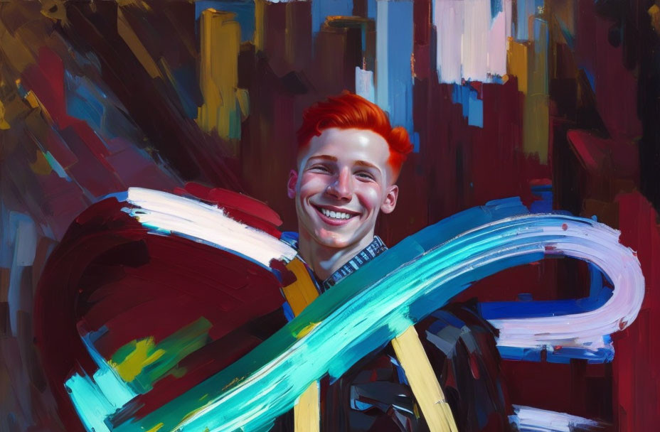 Red Haired Person Smiling on Colorful Brushstroke Background