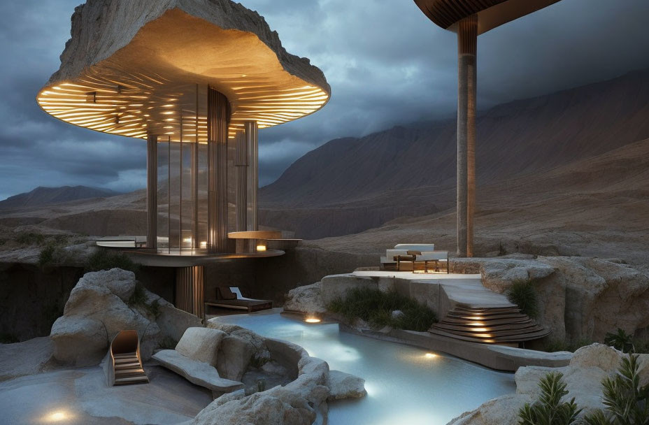 Contemporary outdoor spa design with warm-lit cantilevered structure, pools, sun loungers