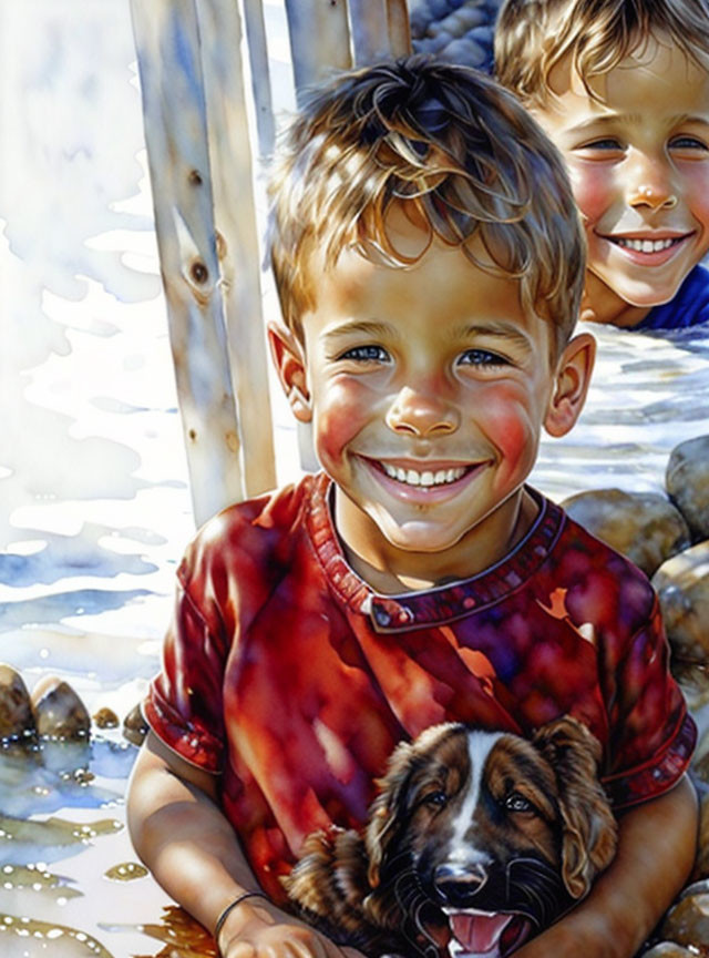 Two boys with a puppy by the water, one in red shirt, other smiling