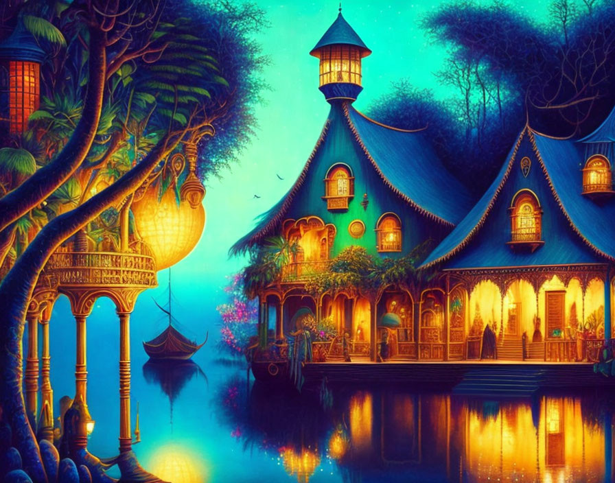 Tranquil lake with lantern-lit houses and lush trees