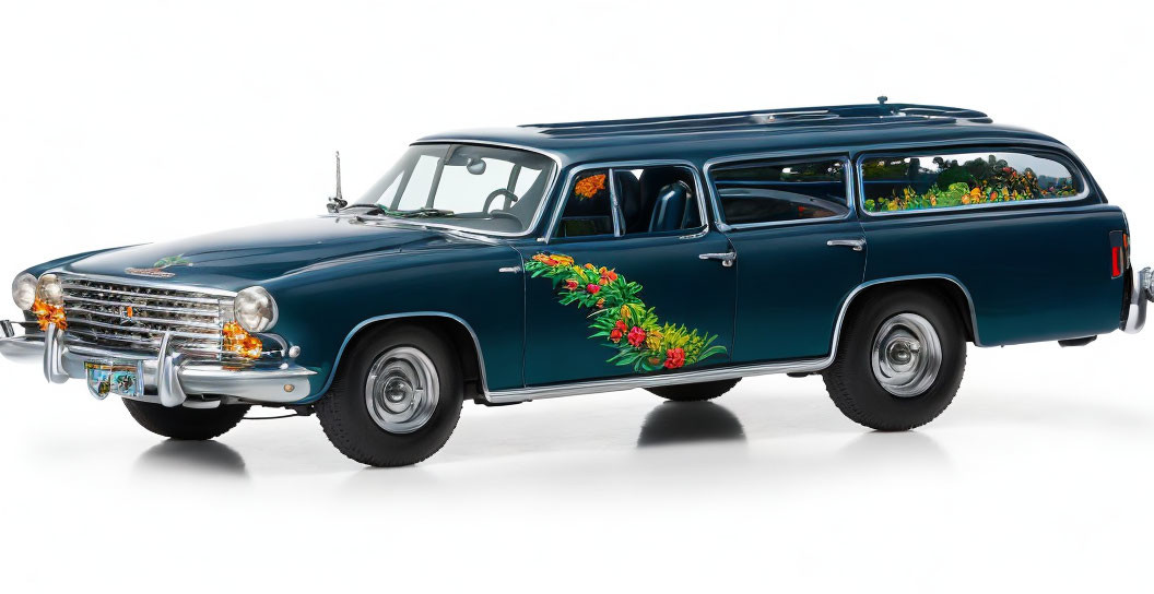 Classic Blue Station Wagon with Floral Side Patterns