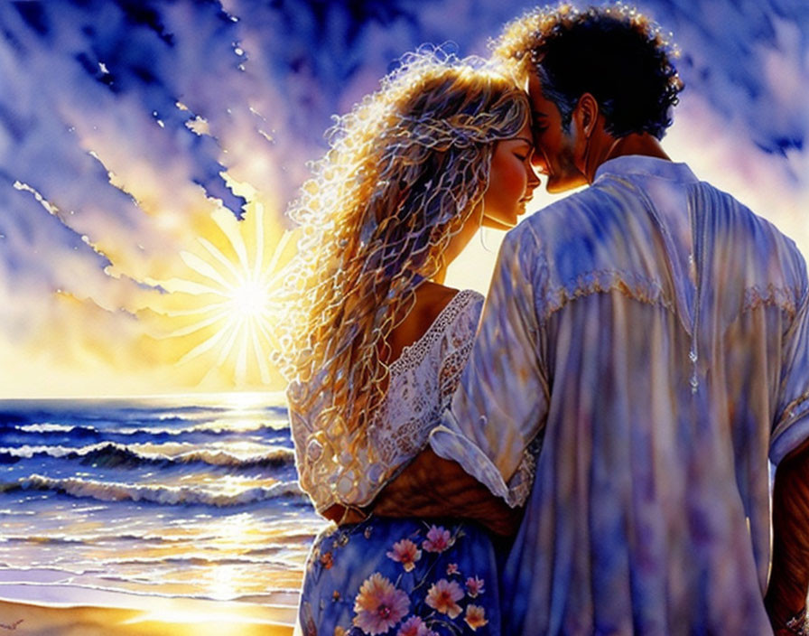 Romantic couple embracing by the sea at sunset in warm glow