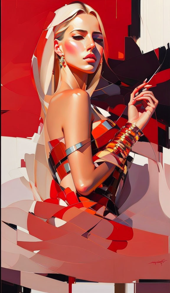 Geometric red and white digital art of woman with cigarette and abstract elements