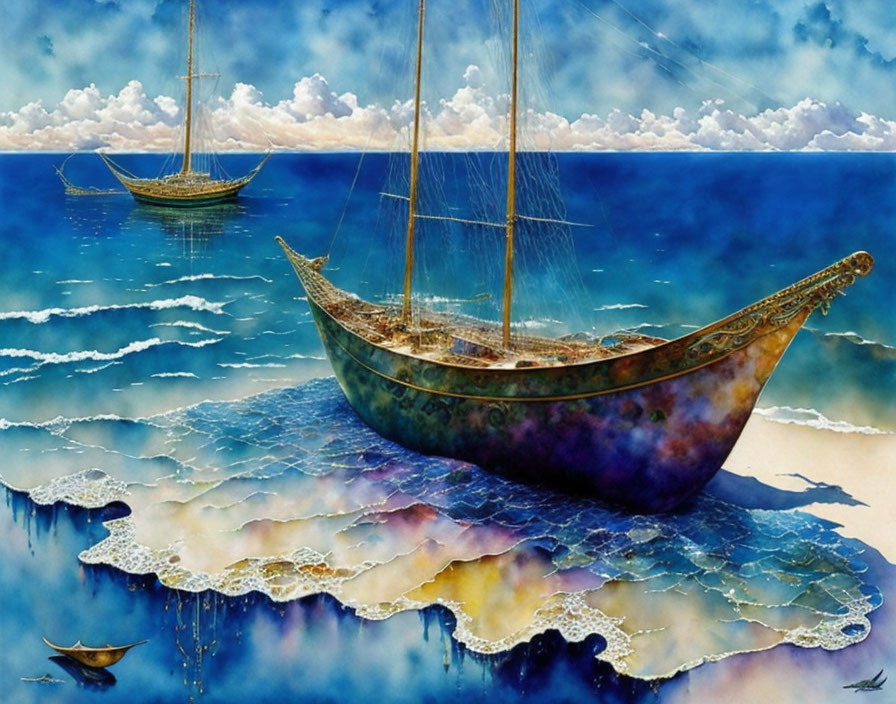 Surreal painting of boats above blue waves and clouds