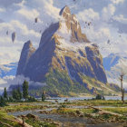 Tranquil mountain landscape with misty peaks and vibrant flora