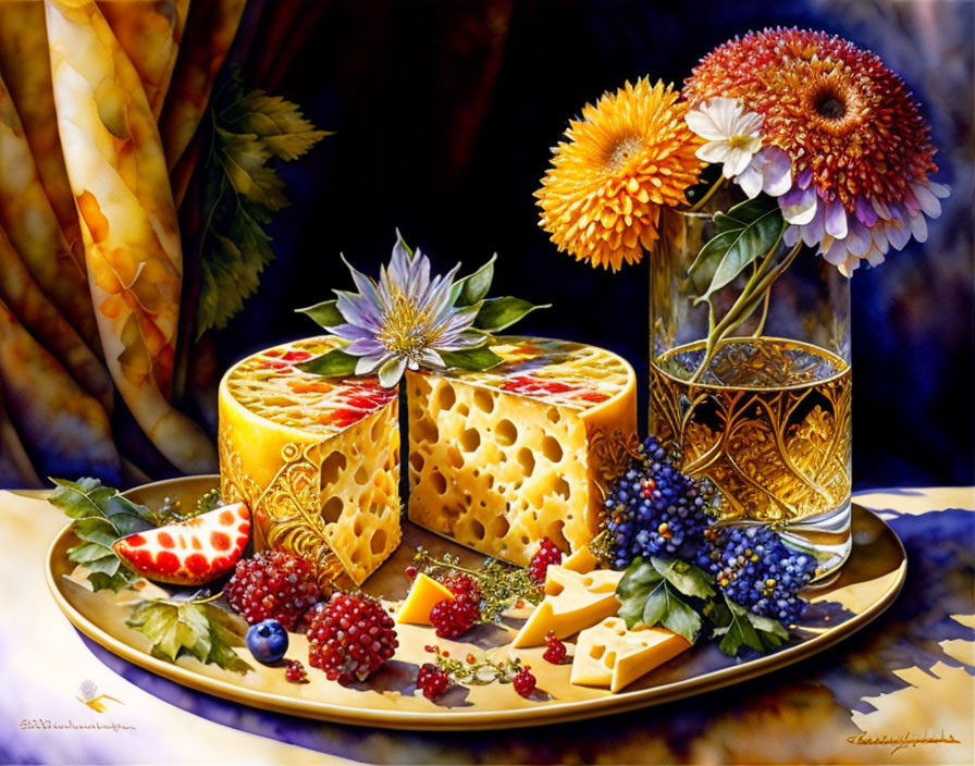Colorful still life painting with cheese, berries, wine glass, and flowers on golden platter