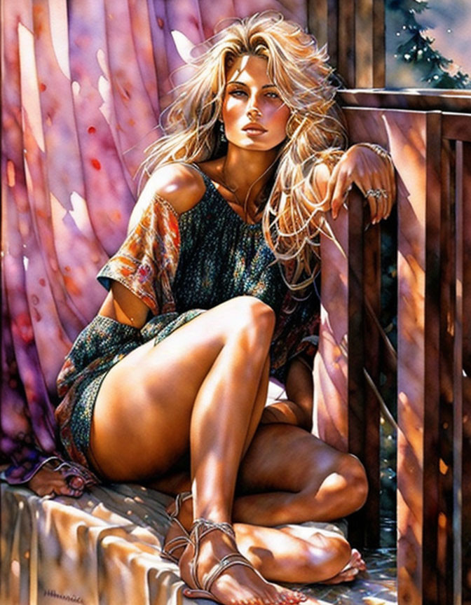 Woman sitting on wooden steps in sunlight with vibrant curtains, wearing patterned outfit and sandals, tousled