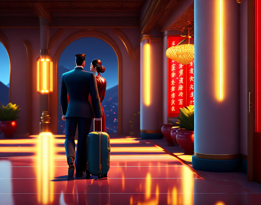Animated characters with luggage in Chinese hallway with red pillars and lanterns