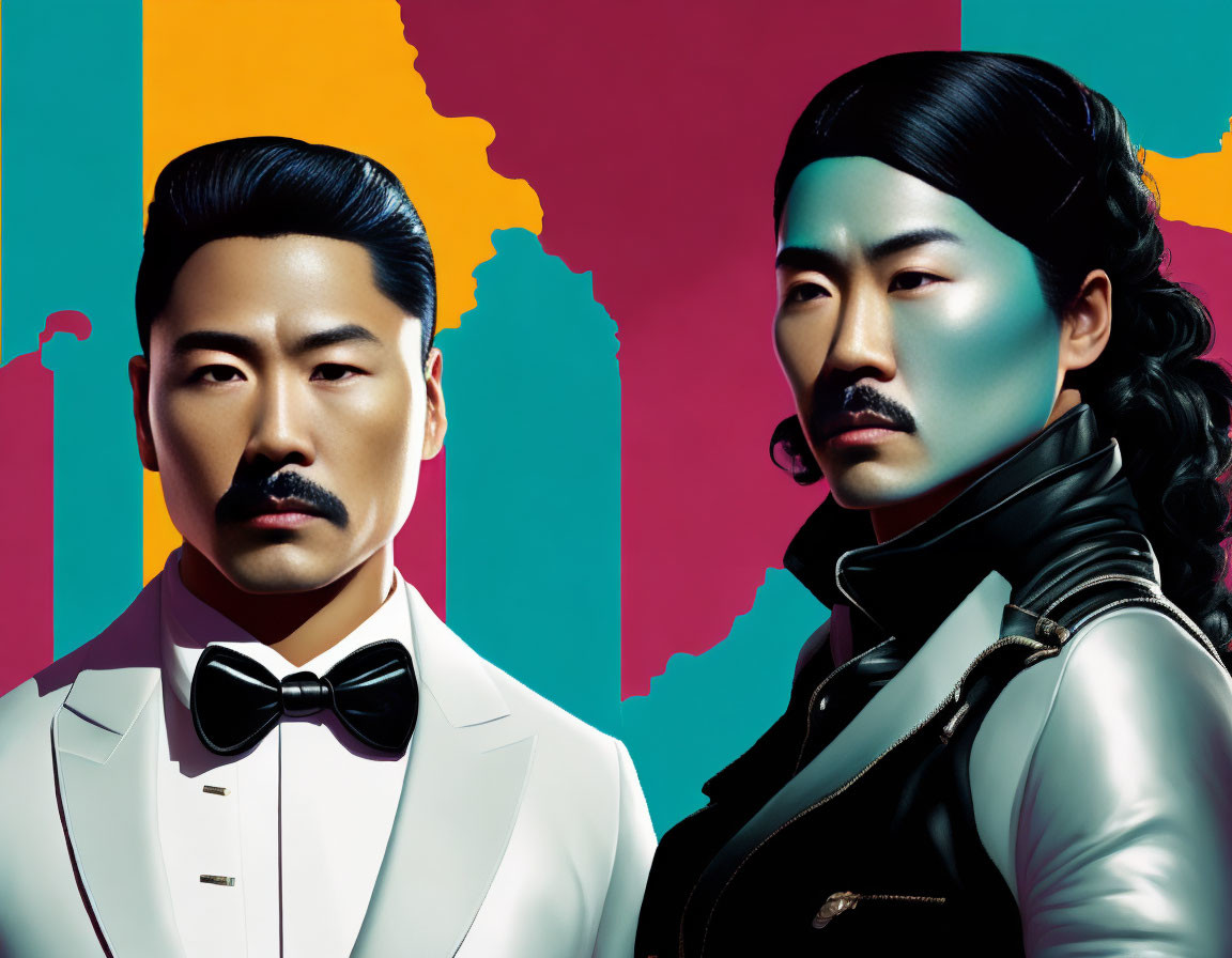 Stylized male figures with handlebar mustaches in front of colorful abstract background