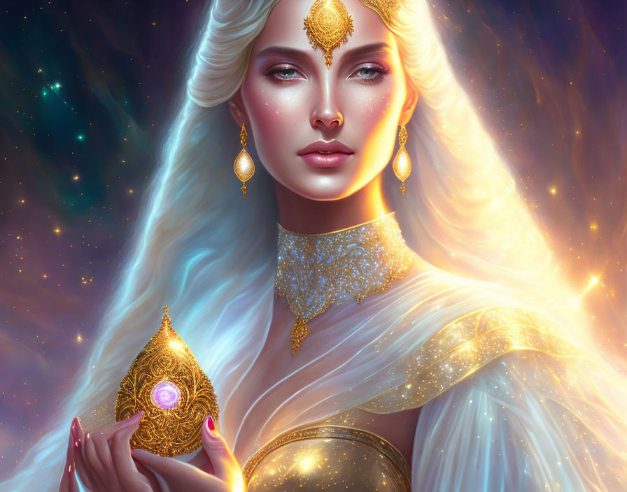 Ethereal woman with white hair and diadem holding glowing artifact