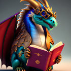 Golden-horned dragon reading purple book titled "Once Upon a Time