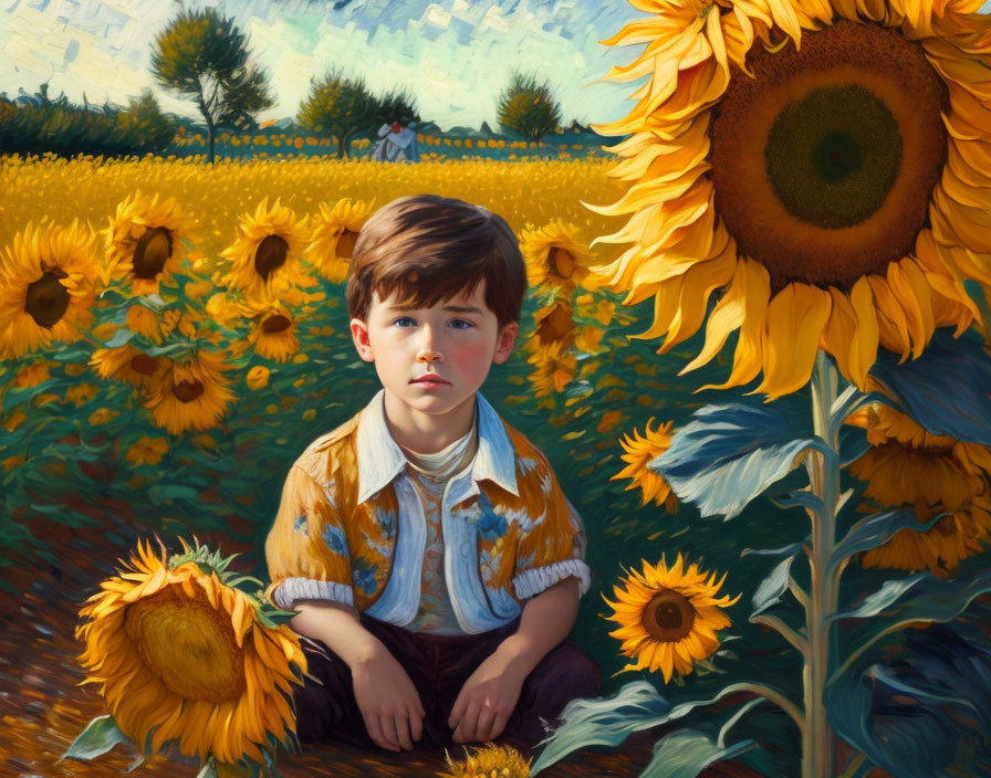 Young boy surrounded by sunflowers in a sunny field