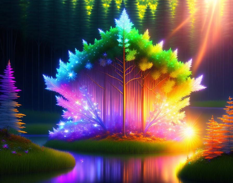 Colorful Digital Artwork: Mystical Neon Forest by Water at Twilight